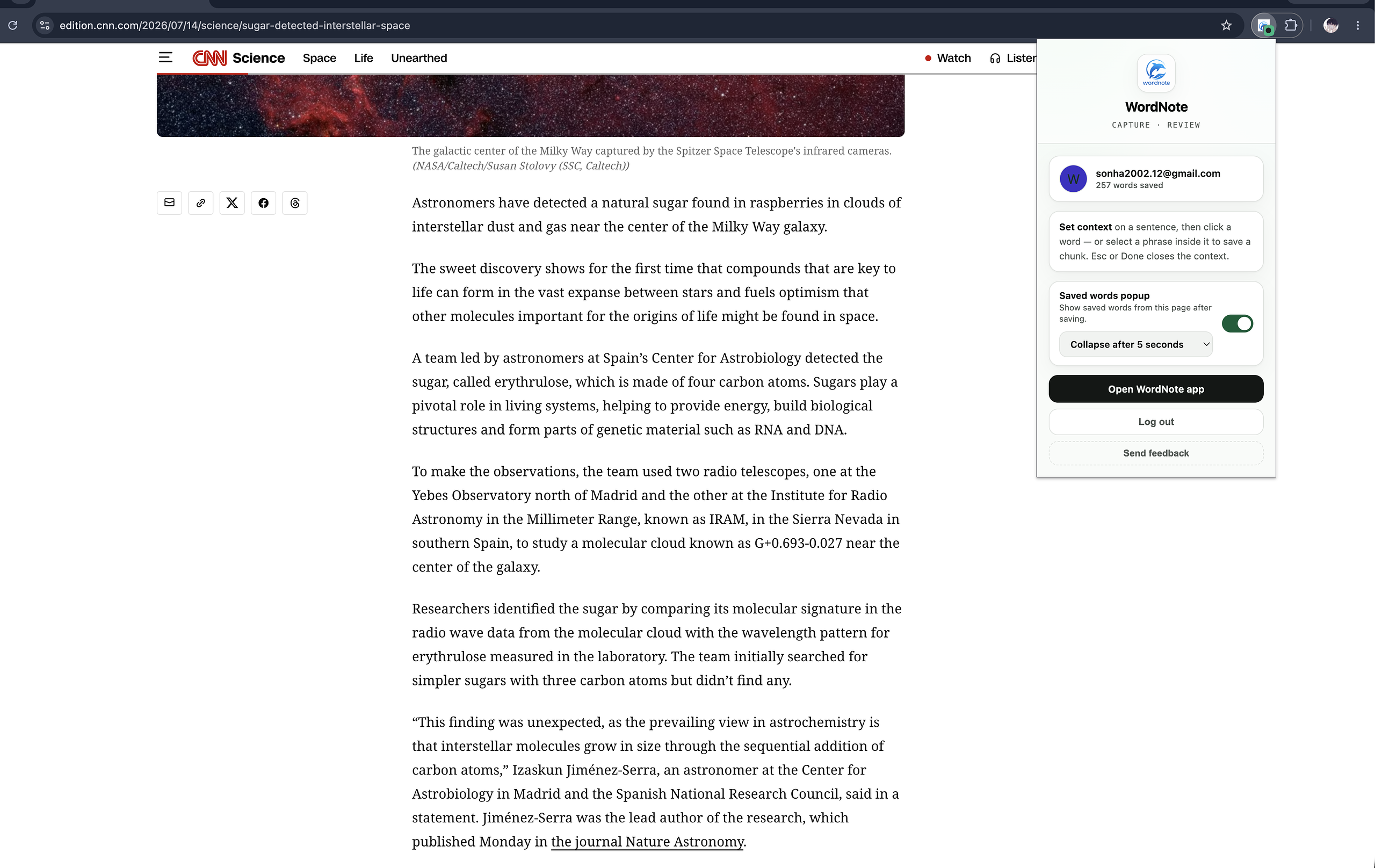 WordNote extension popup after sign-in