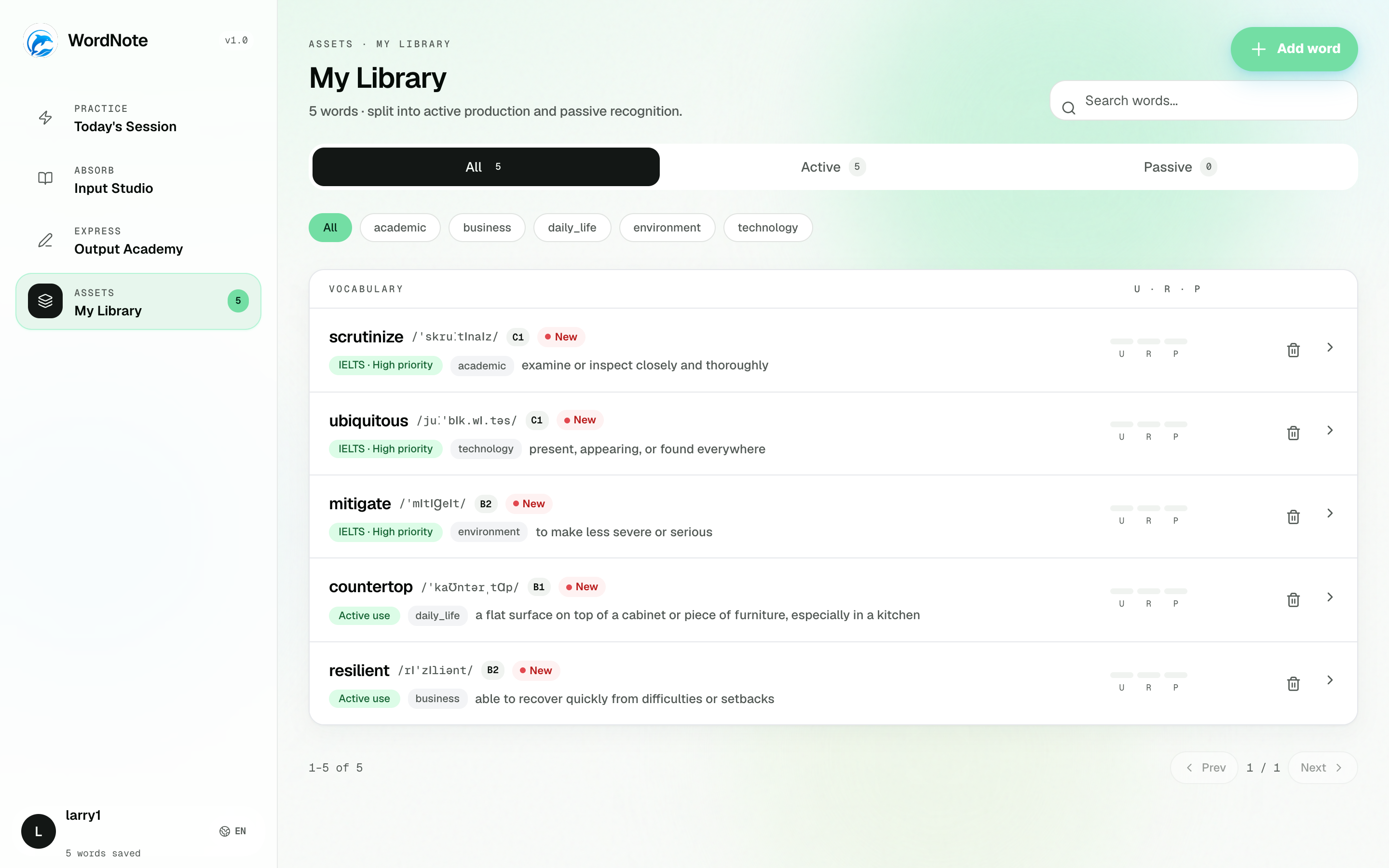 WordNote My Library with saved vocabulary rows