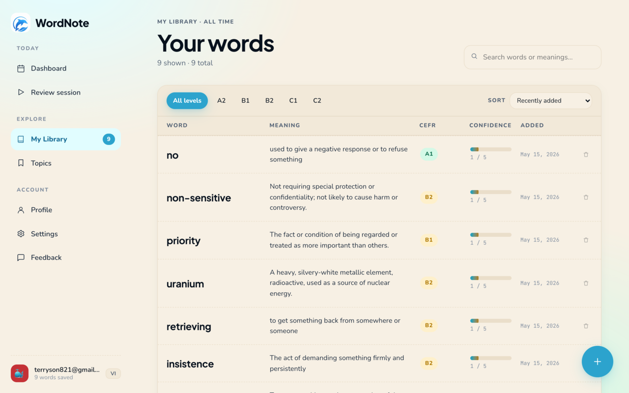 WordNote vocabulary library